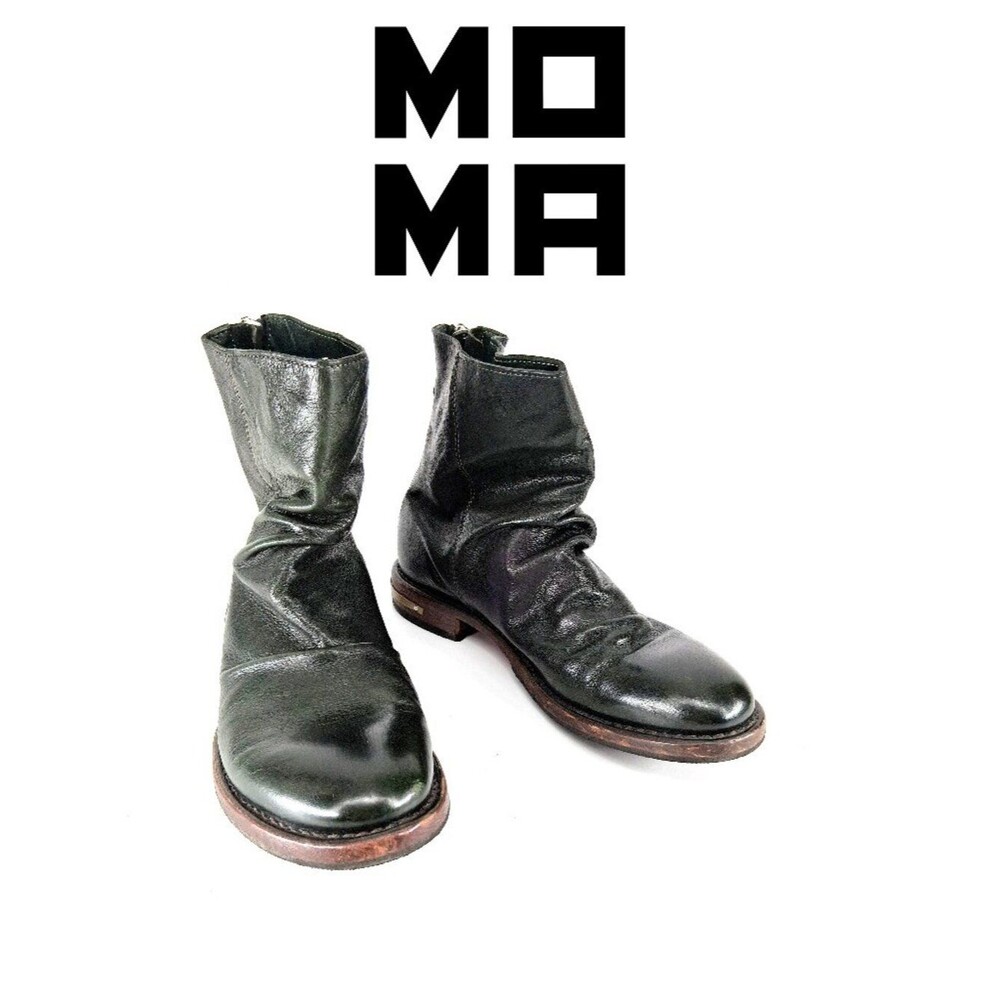 MOMA Leather Slouch Ankle Boots Back Zip Artisan Handmade Italy Brass Heel EU 40